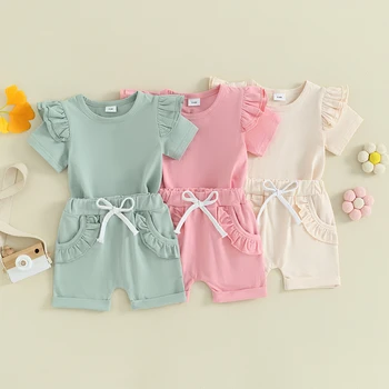0-3Y Summer Infant Baby Girls Drabužių komplektai Trumpomis rankovėmis Ekipažo kaklo raukiniai Marškinėliai Elastiniai juosmens šortai Laisvalaikio apranga