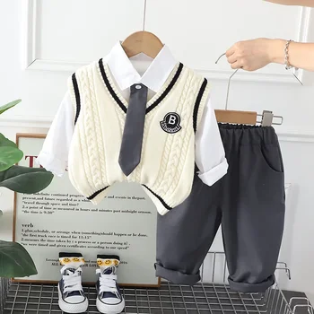 1-5T Atgal į mokyklą Apranga berniukams Mergaitės Megzta megztinio liemenė + Balti marškiniai + Kelnės ar suknelės Kostiumai Kūdikių berniukų drabužių komplektas