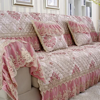 1 PCS (ne visas komplektas) Rožinė europietiško stiliaus sofa sėdynė Svetainės derinys Nėrinių audinio neslystantis karališkas sofos rankovių užvalkalas