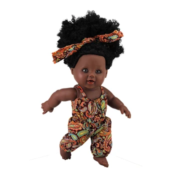 12 colių tikroviško vinilo naujagimio afrikietiško juodo mielo kūdikio lėlės garbanotais plaukais