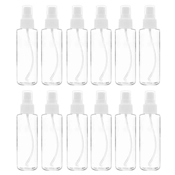 12 Pakuotė Smulkaus rūko skaidrūs purškiami buteliukai 120 ml (4 oz) su pompos purškimo dangteliu, daugkartinio naudojimo ir pakartotinai užpildomi maži tušti plastikiniai buteliai, skirti