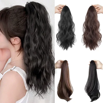 18inch Straight Claw Clip Ponytail for Women Black short Wavy Claw Clip Pony Tail Hair Extension Synthetic Natural Hairpiece