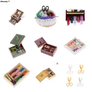 1pc 1:12 Vintažinė miniatiūrinė siuvimo dėžutė Rankdarbių adatų žirklių rinkinys Dėžutė Lėlių namelis Miniatiūrinis dekoras Vaikams Dovana lėlės priedui