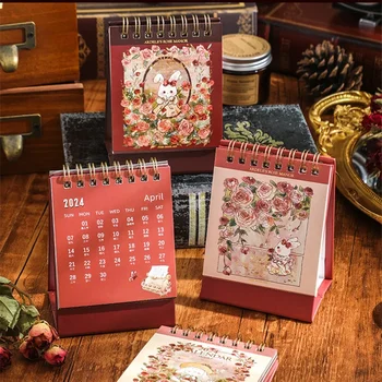 1pc 2024 kalendorius Mielas animacinis filmas Rožių gėlė Triušis Mini stalo kalendorius Kawaii stalo aksesuarų dekoravimas
