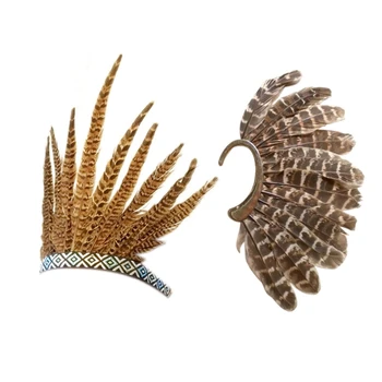 1Pcs Unisex Big Feather Ear Cuff Non Piercing Gold Clip On Earheads & 1X Feather Hair Band Tiara Bohemian Indian Gypsy Dance Sho