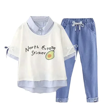 2 vnt anime vaikiški drabužiai rudens mergaičių vasaros marškinėliai trumpomis rankovėmis + dekoravimo džinsai paauglių aprangos komplektai 7-18 metų