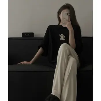 2023 Fashion Suit Female Summer Nauja korėjietiška laisvų marškinėlių trumpomis rankovėmis versija Marginti marškinėliai aukštu juosmeniu Elastinės plačios kojos Kelnės Y2K