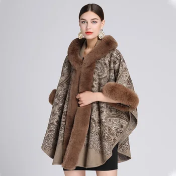 2023 Ilgas dirbtinis triušio kailio apykaklės apsiaustas Moterų mados vakarėlio paltas Žiemos storas kyšulys Laisvas spausdintas gatvės drabužių paltas