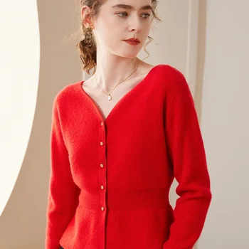 2023 Karštas išpardavimas Ruduo Naujos moterys 100% Kašmyro megztinis Moteriškas Vienspalvis megztiniai V formos kaklas Laisvas Trumpas švarkas Moteriškos viršūnės