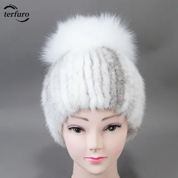 2023 Karštas išpardavimas Žiemos moterys Sutirština šiltas mielas Bobble kokybė Tikra audinė Lapės kailio skrybėlė Comfort Mink Fox Fur Kepurė Megzta kepurė