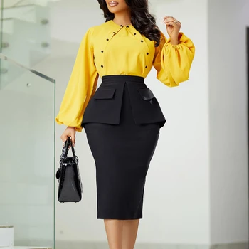 2023 Nauja mada Elegantiški biuro moteriški drabužiai palaidinės ilgomis rankovėmis ir pieštuko formos sijono kostiumas Kelių ilgis 2 dalių suknelės komplektas