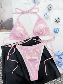 2023 Naujas blizgus meilės metalo apyrankės mini rožinis bikinis moteriškas maudymosi kostiumėlis moteriški maudymosi kostiumėliai Širdies žiedas Deco Maudymosi kostiumas Plaukimas