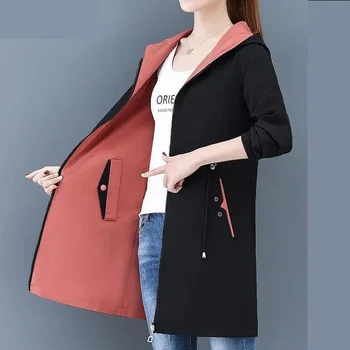 2023 Naujas rudens vėjavaikis moteriška striukė moteriški paltai su gobtuvu Laisvalaikio pagrindinės striukės Dvi šoninės dėvėti vidutinio ilgio tranšėjos paltas Drabužiai 3XL