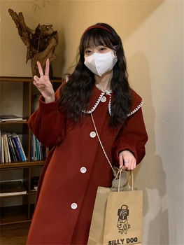 2023 Nauji rudens ir žiemos moteriški drabužiai Korėjietiškas universalus temperamentas Laisvas Traf lėlės kaklas Vidutinio ilgio vilnonis paltas