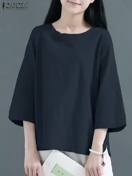 2023 ZANZEA Korėjietiškų mados marškinių palaidinė Moteris O Kaklas trumpomis rankovėmis Summer Casual Street Solid Tunic Tops Elegant Button Chemise