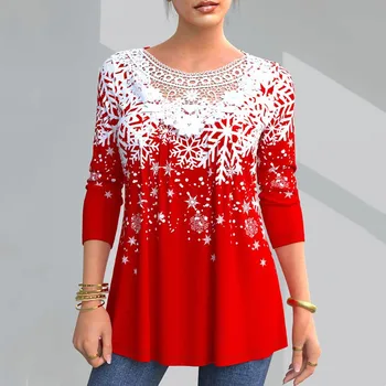 2024 Kalėdinės snaigės spausdina raudonus moteriškus marškinėlius nėriniai tuščiaviduriai laisvi megztiniai rudens žiemos marškinėliai Vintažiniai marškinėliai
