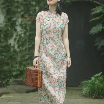 2024 kinų vintažinė suknelė qipao nacionalinė gėlių spauda qipao suknelė medvilninė lininė patobulinta cheongsam rytietiška qipao liaudies suknelė