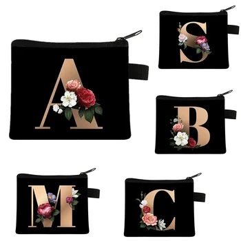 26 inicialai A-Z raidės gėlių monetos piniginės moterų piniginės raktų pakabukas užtrauktukas maišelis Mergaitė Kawaii maži lūpų dažų maišeliai Miela monetų maišelio dovana