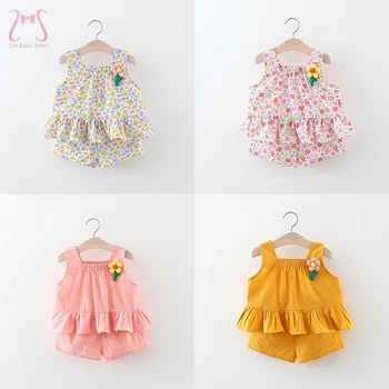 2Pcs/Set Summer Baby Girl Suit Cool Tops + Elastic Shorts Fashion Kids Flower Clothes Thin Toddler Kostiumas Nuo 0 iki 3 metų vaikams