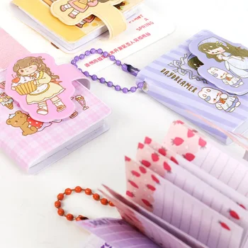 2set Kawaii Cartoon Planner Notebook Mini Color Page Notepad Key Chain Diary Journal Planner Portable Notebook for School Office