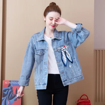 #3142 Pavasario rudens mėlyna vintažiniai viršutiniai drabužiai Džinsinis švarkas Moterys Korėjietiško stiliaus lankas Deimantai Laisvas biuras Trumpi džinsai Švarkelis Moteris 