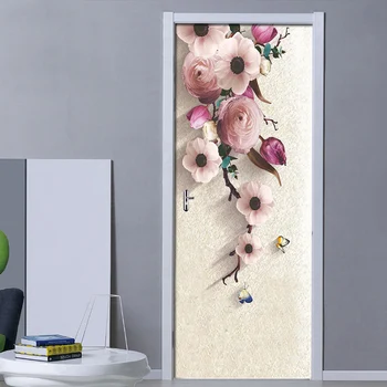 3D Stereo HD ranka dažytos rožinės gėlės Durų lipdukas Tapetai Svetainė Miegamojo durys Sienų lipdukas Freskos lipdukai namų dekoravimui