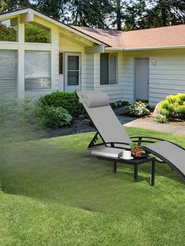 3Pcs Sun Lounger atlošo komplektas Aliuminio gultų gultai, atlošiama kėdė su 5 reguliuojamais atlošais, galvos pagalvėlė, stalas sodui