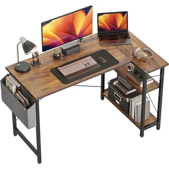 40 colių mažas L formos kompiuterio stalas su laikymo lentynomis Namų biuro kampinis stalas Studijų rašymo stalas, giliai rudas