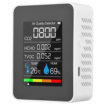 5 in 1 Oro kokybės monitorius TVOC HCHO temperatūros drėgmės CO2 matuoklis, USB įkraunamas CO2 detektorius Balta