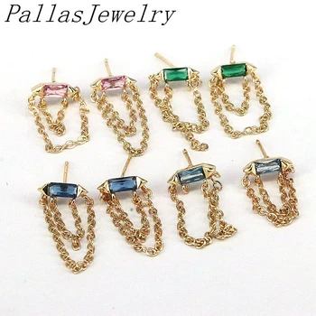 6Pairs,High Quality Gold Plated Pink Blue Green CZ Metal Chain Earring Vintage Fashion Charm Zircon Stud auskarai moterims