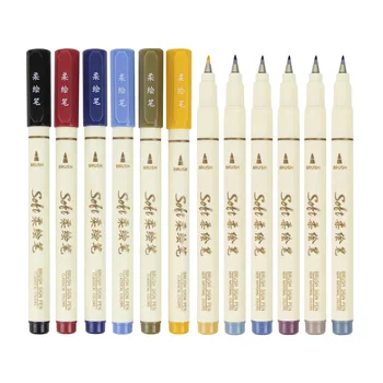 6vnt Naujos retro spalvos raidės Tapybos meno žymeklių rašiklių rinkinys Minkštas šepetėlio antgalis Smulkių linijų kaligrafijos dizainas Piešimas Menas Kanceliarinės prekės
