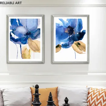 Abstract Gold Blue Flower Canvas Painting Plakatai Nordic Prints Wall Art Picture For Home Living Room Decor Cuadros No Framed