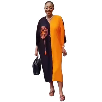Afrikietiškos suknelės moterims Vasaros mada Afrikos ilgomis rankovėmis V formos kaklas Poliesteris Raudona geltona Suknelė iki kelių Vakarėlio suknelė Afrikietiški drabužiai