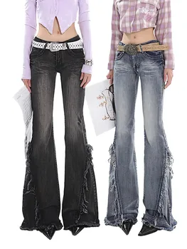 American Retro Y2K Flare Magne Jeans Scratched Slim Bell Bottoms Women Fashion Denim Ppants Raw Edge Kelnės Hip Hop Street Style