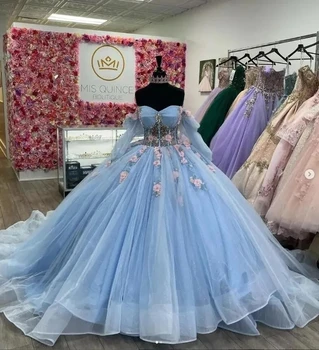 ANGELSBRIDEP Blizgantis mėlynas kamuolinis chalatas Quinceanera suknelės Kristalai 3D gėlės ilgomis rankovėmis Vestidos De 15 Anos gimtadienio vakarėlis