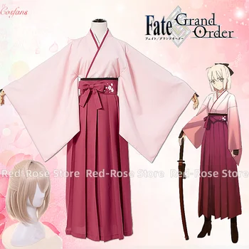 Anime FGO Fage Grand Order Sakura Saber Okita Souji Kendo Uniform Cosplay kostiumas Pilnas komplektas Kimono Helovino apranga su perukų komplektu