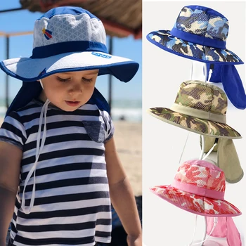  apsauga nuo UV spindulių Kūdikių vasaros safaris Saulės skrybėlė Berniukų kepurė Vaikai Panama Unisex Beach Baby Girl Bucket Hat Piknic Neckflap Kepurė vaikui