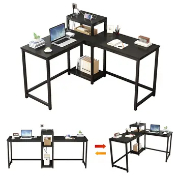 Apverčiamas kompiuterio stalas su maitinimo lizdais ir failų spintele, L formos stalas su laikymo lentynomis, žaidimų stalas, kampinis stalas