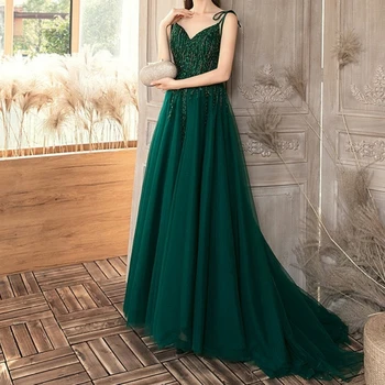 Ashely Alsa Modern Emerald Green Oficialios vakarinės suknelės moterims karoliukais Linija Ilga vestuvinė suknelė Prom proga suknelė