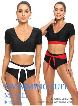 Aukšto juosmens bikinis padalintas dviejų dalių maudymosi kostiumėliai Moteriški trumpų rankovių kontrasto spalvos maudymosi kostiumėliai ploni