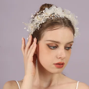 Aukštos kokybės moterų vestuvių aksesuarai Perlų gėlė Krištolas Nuotaka Rankų darbo dekoravimas Plaukai Galvos juostos