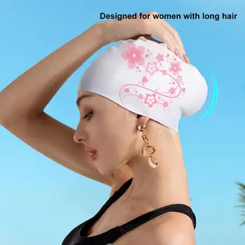 Ausų apsaugos kepurės Gėlių atspaudas Moteriška plaukimo kepurė su elastingu siliciu ausų apsaugai Neperšlampama sportinė kepurė mergaitėms