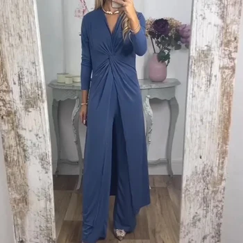 Autumn Fashion Casual Office Lady Sets Sexy Twist Dreaped V Neck Split Long Dress Outfits Summer Women Long Pants Two-piece Suit