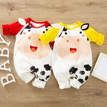 Baby Boys Girls Unisex Newborn Onesies Romper 0-18 mėnesių mažylio drabužiai Kūdikis ilgomis rankovėmis Dviejų spalvų animacinis filmas karvė Kombinezonas