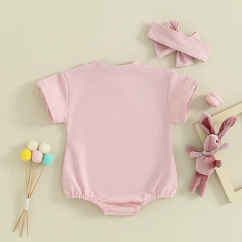 Baby Girl Pink Easter Romper trumpomis rankovėmis White Bunny siuvinėjimo galvos juosta Naujagimio pavasario drabužių komplektas