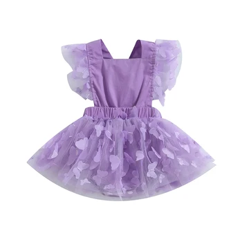 Baby Girl Rompers suknelė Drugelio dekoras Skristi rankovė Sluoksniuotas tiulis Tutu sijonas Hem kombinezonai Naujagimių drabužiai Kūdikių smėlinukai