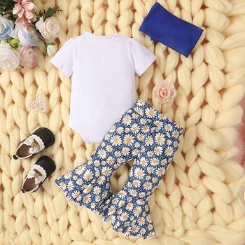 Baby Girls 3Pcs Fall Apranga ilgomis rankovėmis Romper Daisy Flare Kelnės Galvos juostos komplektas Kūdikių drabužiai