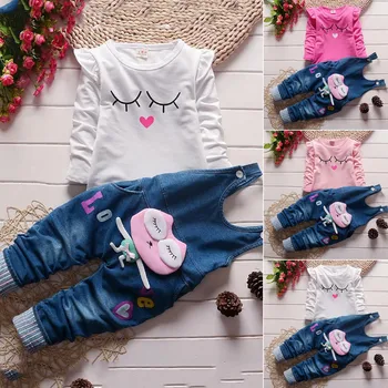 Baby Girls Pavasario rudens drabužių komplektas Mažylis Animacinis filmas vaikams Laisvalaikio ilgomis rankovėmis marškinėliai+petnešos Kelnės Tinka Mažos mergaitės drabužiai