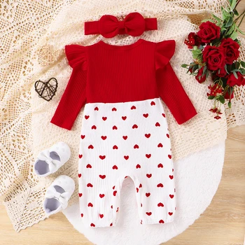 Baby Girls Rompers Valentino dienos drabužiai Širdies atspaudas Šonkaulių mezgimas ilgomis rankovėmis Kūdikių kombinezonai Galvos juosta