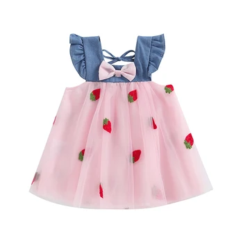 Baby Girls Summer Dress Fly Sleeve Square Neck Braškių siuvinėjimas Tiulio suknelė Kūdikių apranga